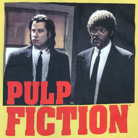 John Travolta & Samuel L. Jackson Pulp Fiction Miramax Mens Yellow Movie T-Shirt - Picture 6 of 8